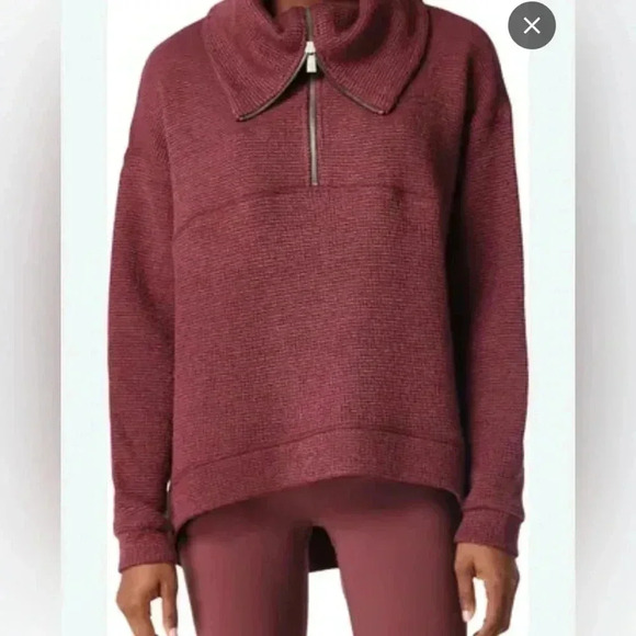 Sweaty Betty restful Boucle Waffle Knit Burgundy Half Zip Long Sleeve - Picture 1 of 9